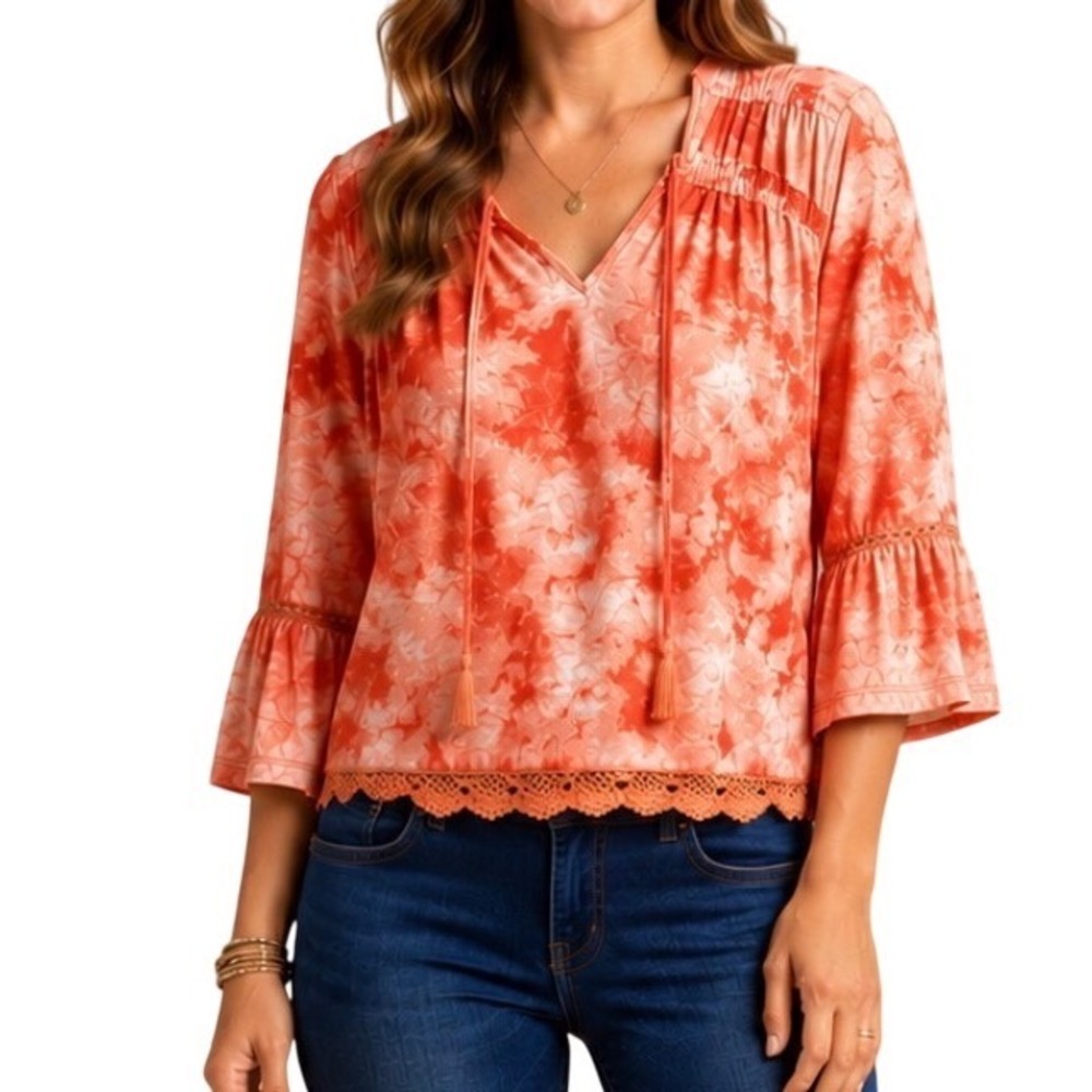 NY Collection Peasant Top Large Boho Orange‎ Tie Dye Crochet Lace Accent